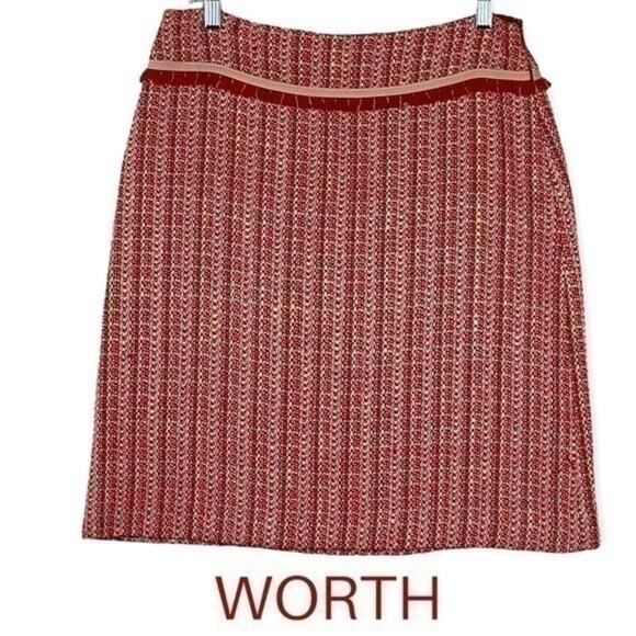Worth 100% Silk Coral Red Tweed Fringe Academia Career Skirt Size 6 - Picture 1 of 12